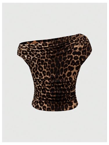 Floerns Women's Y2K Leopard Asymmetrical Neck T Shirt Sleeveless Cheetah Ruched Tee Shirts2