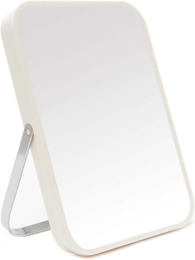 Table Desk Vanity Makeup Mirror,8-Inch Portable Folding Mirror with Metal Stand 90°Adjustable Rotation Tavel Make Up Mirror Hanging Bathroom for Shower Shaving(White)