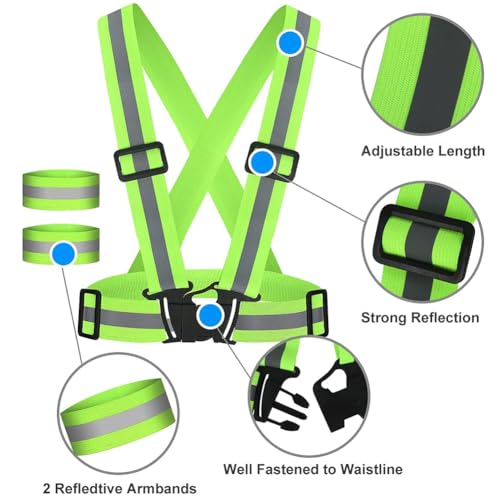 URAQT Reflektierende Sicherheitsweste Set, 1stk Reflektierende Warnweste Einstellbar & 2er Elastische Reflektierendes Armbands, Reflektoren Sicherheits für Fahrrad, Joggen, Laufen, Wandern