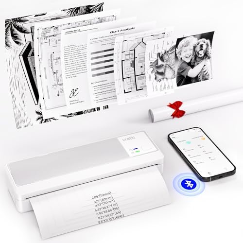 vretti Mobiler Drucker A4 für Unterwegs,Thermodrucker A4 ohne Tinte | kompatibel mit Windows/macOS/iOS/Android,Tragbarer Drucker unterstützt 210x297mm Thermopapier für Zuhause,Büro