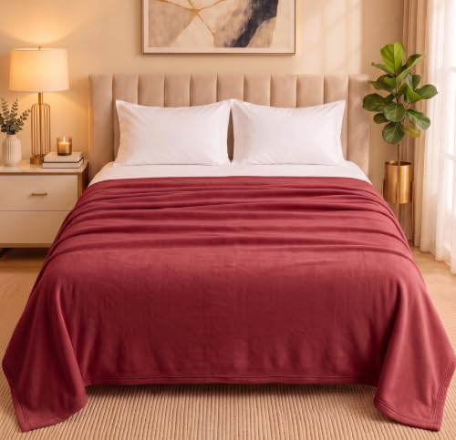 Image of HOMEKART 300 TC All Season Solid /Plain Lightweight Polar Fleece Double Bed Blanket (230 x 230 cm), Light RED