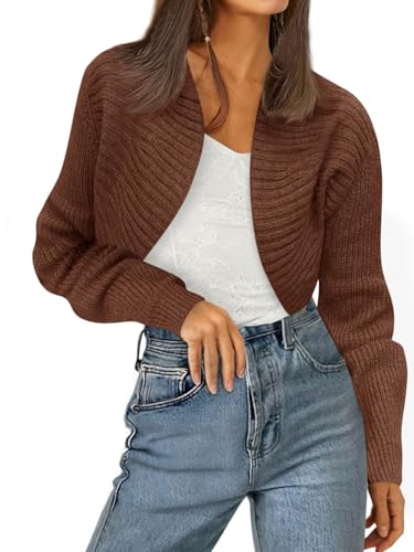 Yousify Womens Cropped Bolero Shrug Open Front Long Sleeve Ribbed Cardigan Fall Casual Knit Sweater Jacket