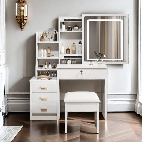 Runboll Vanity Desk with LED Mirror & Lights, Makeup Vanity Set with Cushioned Stool, Dressing Table with 4 Drawers, 3 Shelves for Besdoom