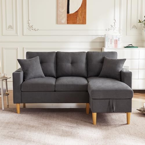 Doyisy Sofá moderno en forma de L, sofá de 3 plazas con chaise longue, espacio de almacenamiento, soporte integrado para bebidas, viene con 2 cojines, adecuado para sala de estar, oficina (gris oscuro
