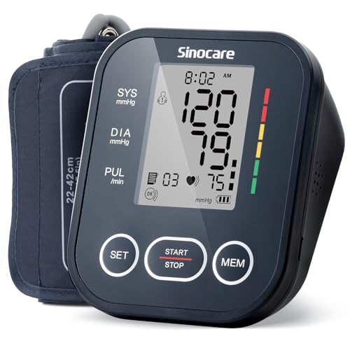 Sinocare Misuratore Pressione da Braccio, Macchinetta Pressione Digitale Sfigmomanometro Professionale con Funzione di Avviso dei Rischi e Bracciale Grande(22-42cm) per Monitoraggio Familiare