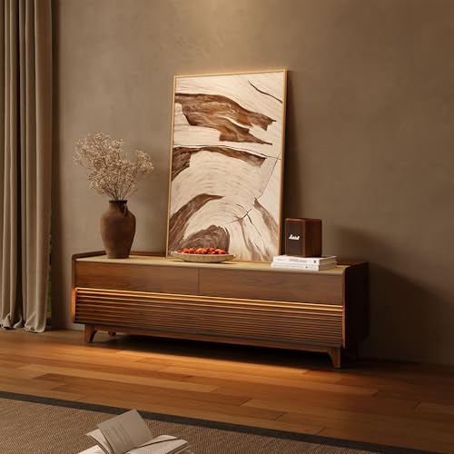 Image of POVISON Fully-Assembled Mid Century Glossy Sintered Stone Tabletop TV Stand with Legs,Wood Media Console with Adjustable LED Light,Entertainment Center with Storage for Living Room