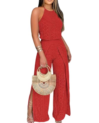 CHICME Women's Eyelet Halter Neck Jumpsuit High Waist Wide Leg Romper with Side Slit Casual Summer One Piece Outfit-r-L