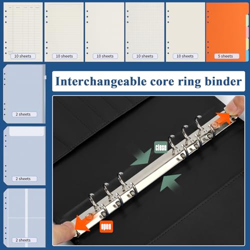Simfree Fichário econômico para economizar dinheiro – fichário de couro A5 com 6 anéis, fichário a5,