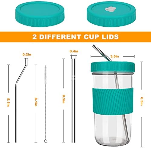 Brynnl Drinking Glasses Reusable Mason Jar Cups with 2 Lids and Straws Cleaning Brush Wide Mouth Bubble Tea Cup Travel Mug Glass Tumbler Mason Jar Sippy Cup for Boba Tea Smoothie Jam (Deep Green)
