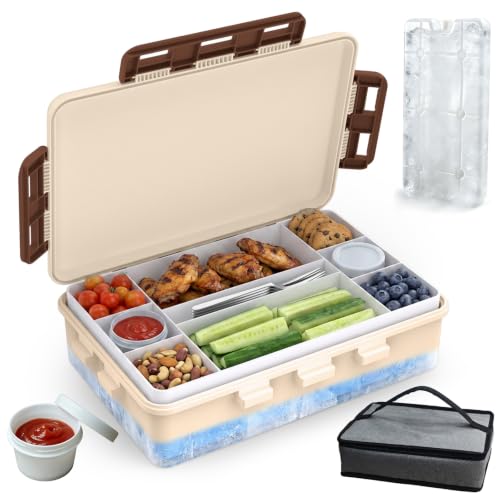 Kimdog Chilled Snackle Box Container with Ice Pack Keeps Food Fresh 46 Hours Divided Serving Tray With Insulated Bag Snack Box for Travel Beach & Road TripsBrown