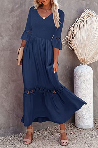 Ferlema Womens Casual 3/4 Sleeve V Neck Plain Bell Sleeve Maxi Dress Boho Tshirt Maxi Dress With Pockets Navy Blue Small #TOP4
