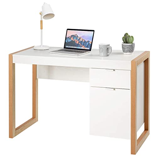 Tangkula White Desk With Drawer & Cabinet, Wooden Home Office Desk, Pc Laptop Workstation Study Writing Desk, Ideal For Bedroom Home Office (White & Natural) #TOP27