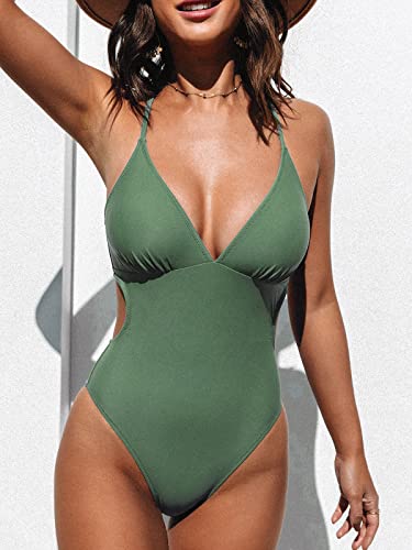 Cupshe One Piece Swimsuit For Women Bathing Suit Cut Out Spaghetti Straps Ruched Cheeky High Cut,Xl Green #TOP3