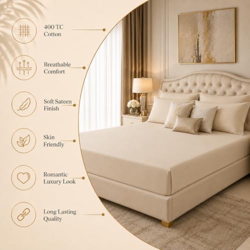 Image of LINENWALAS 100% Cotton Fitted Bedsheet, 400tc Long Staple Imported Egyptian Cotton, Soft, Premium Bed Sheet with Pillowcase for King Bed All-Around Elastic for 4-8 Inch Mattresses (72 inch x78 inch, Pearl)