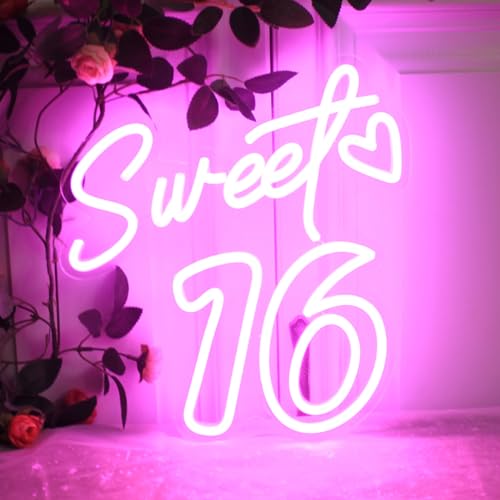 Image of Sweet Sixteen Neon Sign Sweet 16 Neon Light 16th Birthday Pink Led Neon Light for Bedroom Home Wall Decor Birthday Gifts for Girls with Dimmable Switch and USB Powered