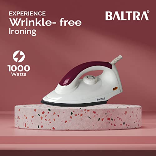 Image of BALTRA Smooth+Dry Iron Press 1000 Watt | Variable Temperature Control, Cool Touch Body, Light Weight, Easy Handle Grip, Cotton Braided Swivel Cord & Experience Wrinkle Free Ironing (Maroon)