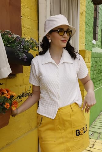 Image of Zilcon Women's Textured Polo Collar Shirt | Short Sleeve Button-Down Casual Crop Top | Soft Stretch Everyday Fashion Shirt
