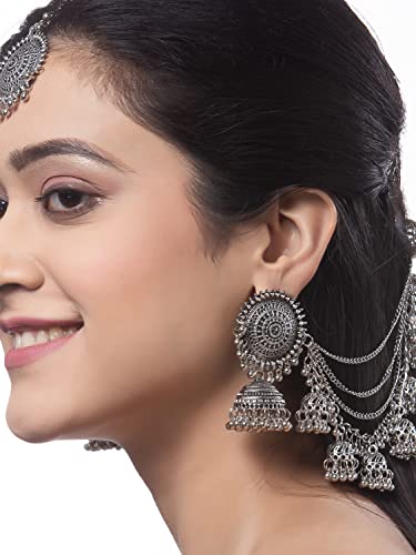 Shining Diva Fashion Latest Stylish Oxidised Maang Tikka Bahubali Jhumka Earrings for Women and Girls (12395er) - Image 6