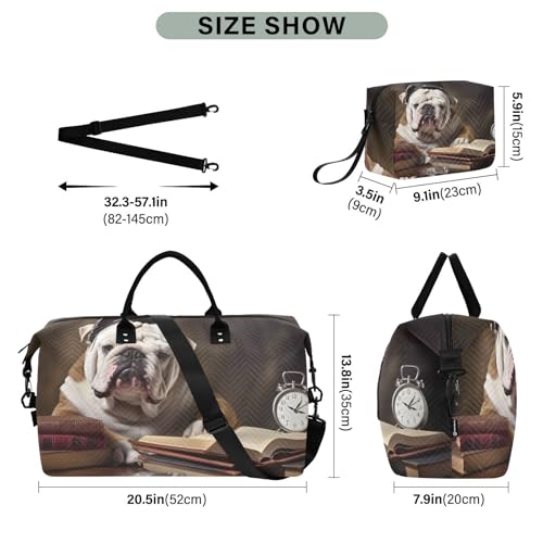 Large Travel Duffel Bag, Books Hat Pug Dog Clock Sport Tote Gym Bag, Shoulder Weekender Overnight Bag for Women Men, Carry On Luggage with Toiletry Bag3