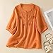 Womens 3/4 Sleeve Tops Button Down Crew Neck Retro Floral Embroidered Top Boho Dressy Casual Blouses Summer Clothing Orange XXL