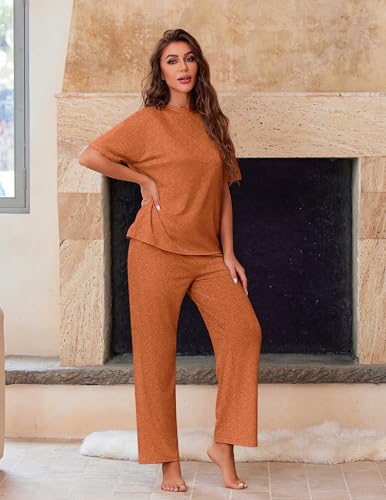 Image of Ekouaer Lounge Sets for Women 2 Piece Mock Neck Pajamas Short Sleeve Pj Tops Long Pants with Pockets Caramel