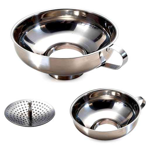 3-Piece Canning Funnel Set with Mesh Strainer - Wide & Regular Mouth Mason Jar Funnels (Large & Small) - for Kitchen, Jam, Spices, Flour & DIY - Stainless Steel