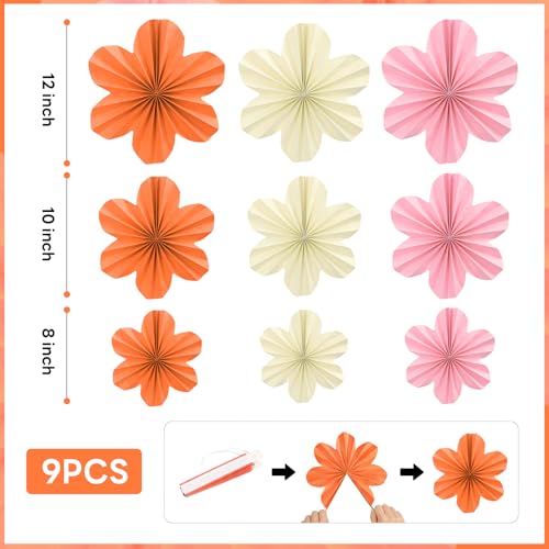 Image of Pink and Orange Party Decorations Birthday Graduation Decor Supplies | Hanging Paper Flowers Tassel Garland Swirls for Autumn Sunset Soiree Party Bachelorette Baby Shower Classroom Decor