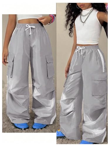 Floerns Girl's Parachute Pants Elastic Waist Straight Leg Athletic Cargo Pants4