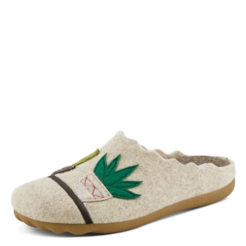 Flexus Women's HAPPYCACTUS Wool Felt Slides with Cactus Embroidery, Removable Insoles, and Rubber Outsole