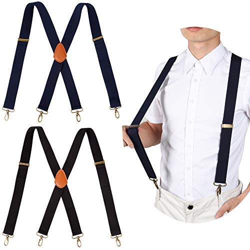 2PCS Mens Suspenders Heavy Duty Strong Hooks Adjustable Elastic Braces Big and Tall X-Back ?1xBlack+1xBlue?