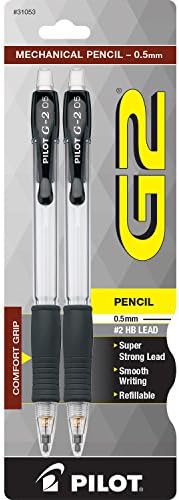 PILOT G2 Mechanical Pencils, 0.5mm HB Lead, Clear Barrel, 2-Pack (31053),Black/Clear