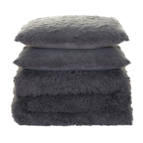 Queen Luxury Faux Fur Comforter Set - Soft & Breathable 7-Piece Bedding Collection - 1 Comforter, 1 Fitted Sheet, 1 Flat, 2 Pillowcases, 2 Pillow Shams - Deep Pocket - Premium Quality, Dark Gray