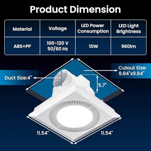 Image of Hon&Guan Bathroom Exhaust Fan with Light, Upgraded Quiet Square Bathroom Vent Fan with Adjustable LED Light 3000K /4500K /6500K, 110 CFM, 1.0 Sones, Exhaust Fan with Light for Home Bath Hotel