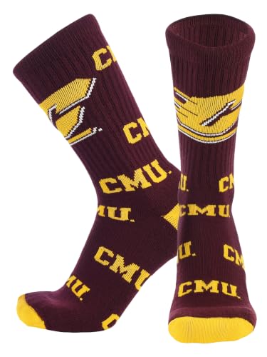 TCK Central Michigan Chippewas Crew Socks - Men's & Women's NCAA Fan Apparel - Mayhem (Maroon/Gold, Large)
