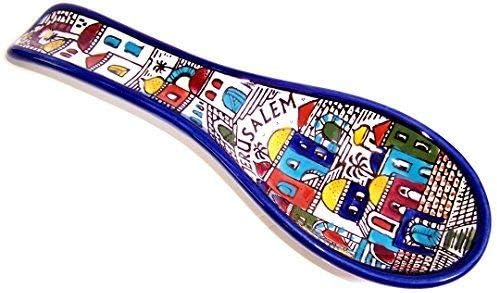 Bluenoemi Israeli Jewelry & Gifts Armenian Ceramics Rest Spoon Shalom Jerusalem Gift Blue Ceramic Floral Pattern Spoon Rest Handmade in Israel