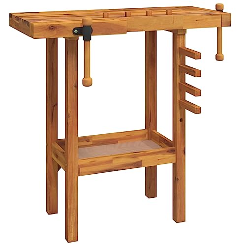 vidaXL Solid Wooden Workbench with Acacia Wood Top and Vices for Workshops, Garages, and Sheds – Large Space, High Strength