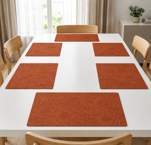 Image of Yelona Premium Faux Leather Placemat Set of 6 | Printed Floral Design, Waterproof & Heat Resistant Table Mat | Non-Slip, Washable for Dining, Kitchen & Home Decor (Brown, 43 x 30 cm)
