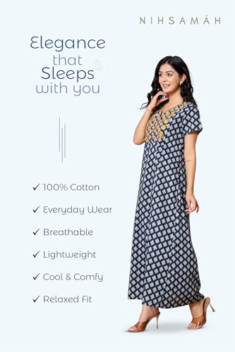Image of NIHSAMAH Cotton Nighty for Women - Printed Stylish Night Gown, Comfortable Sleepwear Long Nightwear, Maxi