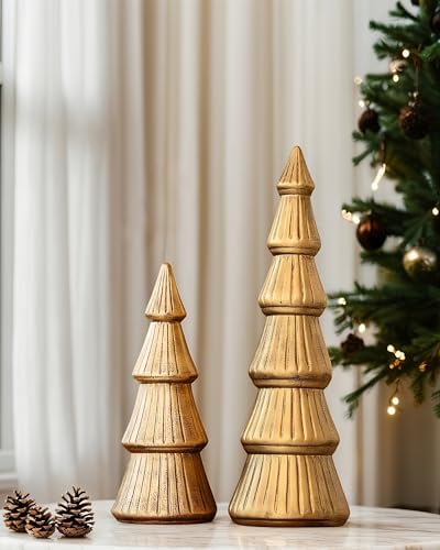 AOMOONOA Wooden Christmas Tree Figurine, 2Pcs Gold Tree Figurines...