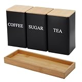 Juego de botes de azúcar para té y café con bandeja, juego 3 piezas, tarros hierro para té y café con tapa bambú,...