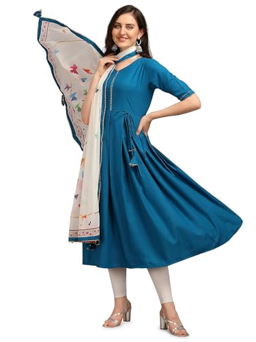 Image of Women's Rayon Blend Anarkali Kurta with Digital Print Dupatta Set for Girls