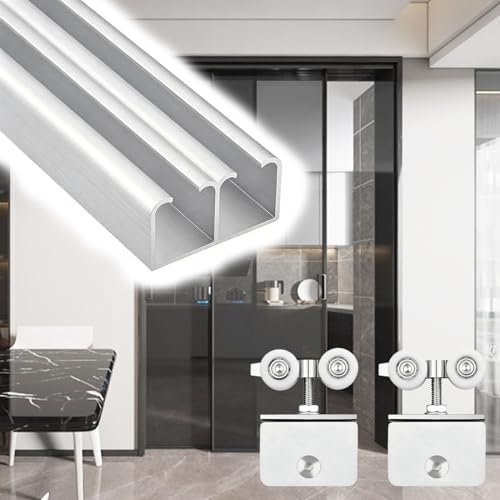 Binario per Porta Scorrevole Sistema Porte Scorrevoli Doppio Binario Porte Vetro, Sistema Professionale Silenzioso Ante Armadi Spessore 5-8 mm, Kit Ferramenta Porte Scorrevoli Tipo(1m (3.3ft))