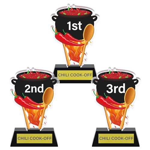 DoubleFill 3 Pcs Chili Cook Off Trophies 1st 2nd 3rd Place Medals 5 Inch Acrylic Chili Cook Off Prizes with Base Medal Decoration for Table Pepper Decor
