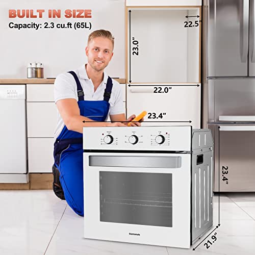 24" Single Wall Oven, Thermomate 2.3 Cu.ft. Electric Wall Oven With 5 Cooking Functions, 2000W White Built-In Ovens With Mechanical Knobs Control, Etl Certified #TOP5