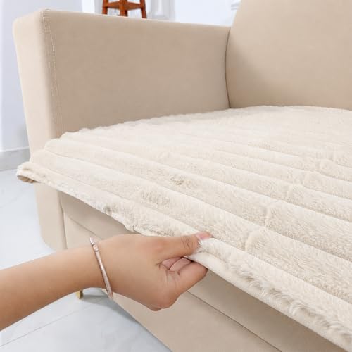 Image of Homerz Premium Rabbit Fur Sofa Cover with Anti-Skid Backing, Soft Plush Fabric Sofa Protector for Living Room Furniture (Beige, 2 Seater, Only Seat Cover)