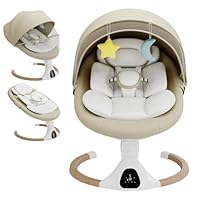 Babywippe Elektrisch, 0–6 Monate, max. 9 kg, Tragbares Neugeborenes Babyschaukel Indoor mit Bluetooth, 5 Schwenkgeschwindigkeiten, 3 Winkellage, Fernbedienung & Touch Panel Beige