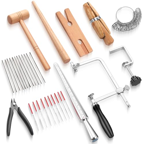 Jewelers Tools Set Including Jeweler Saw Frame Bench Pin Clamp Diamond Needle File Wooden Ring Clamp and Ring Sizer Mandrel Measuring Tool Jewelers Mallet Hammer Stick for Jewelry Making