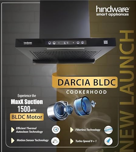 Image of Hindware DARCIA BLDC 75CM | | 1500 m /hr | Filterless Auto-Clean Kitchen Chimney With 9- Speed Motion Sensor & Touch Control | 2026 Model (Black) (75CM)