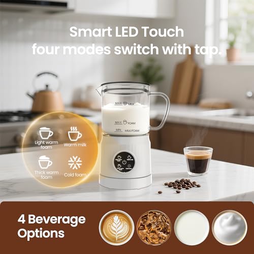 Casimhu 4-in-1 Milk Frother: Electric Steamer with LED Touch Screen, Ceramic Base, 13.52oz Milk Warmer for Lattes, Cappuccinos, and Macchiatos, White - Image 4