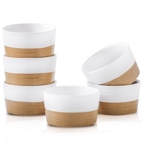 Hasense Ramekins, 6 oz Stoneware Ramekin Oven Safe Set of 6, Mini Ramekins Bowls for Dipping, Brulee, Custard, Farmhouse White Wedding Gift